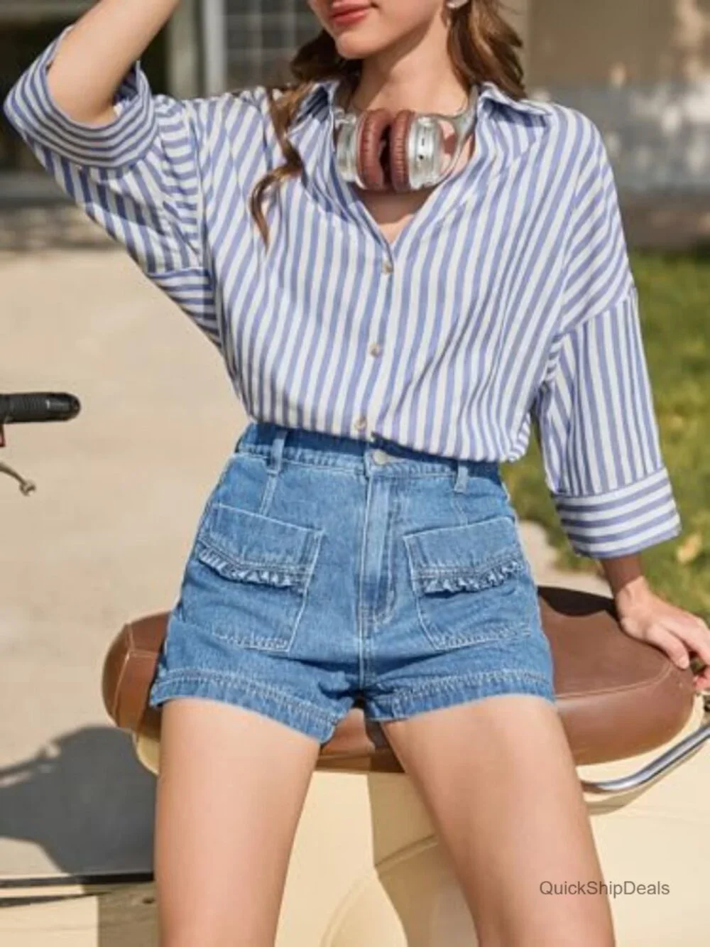High Waisted Baggy Wide Leg Vintage Denim Shorts with Ruffle Pockets